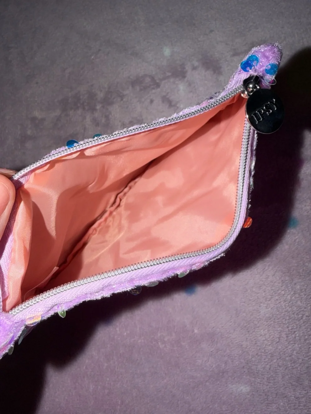 ipsy Lavender Sequin Makeup Pouch with Multicolor Accents
